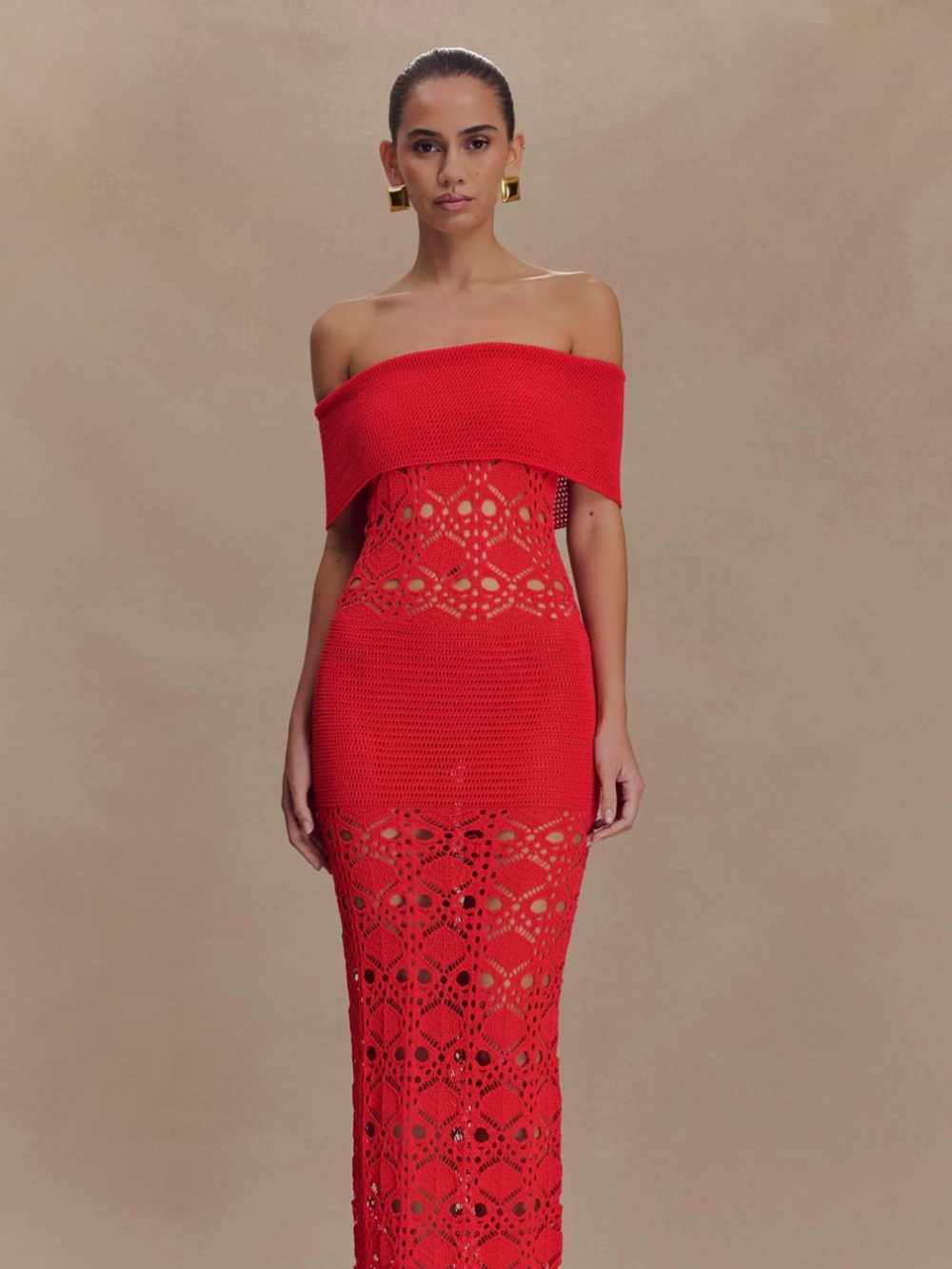 Meshki Red Off-Shoulder Crochet Maxi Dress